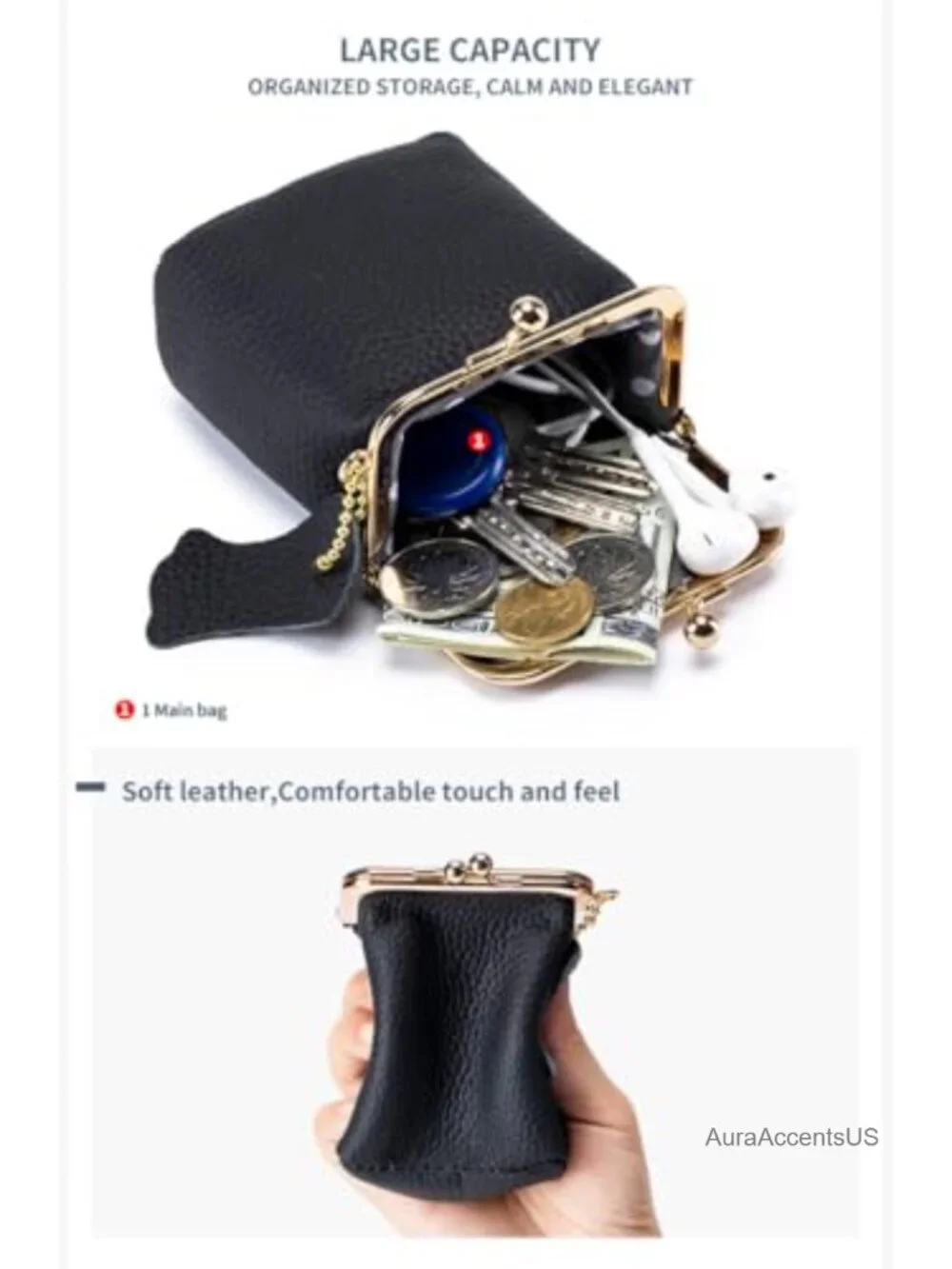 Genuine Leather Mini Jewelry Box & Vintage Wallet - Kiss Lock Coin Purse,